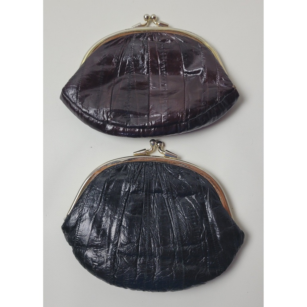 Set of 2 Lee Sands Vintage Eel Skin Coin Purse Black‎ Brown Kiss Lock Korea